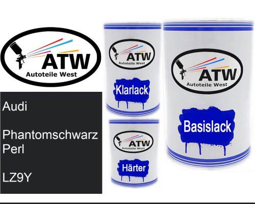 Audi, Phantomschwarz Perl, LZ9Y: 500ml Lackdose + 500ml Klarlack + 250ml Härter - Set, von ATW Autoteile West.